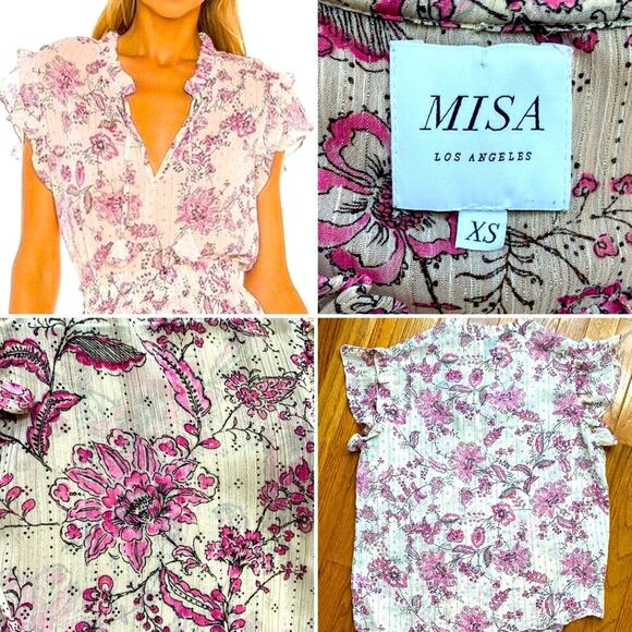 Misa Los Angeles Basia Top Paisley Floral Chiffon Sheer Short Sleeve Pink XS EUC - Picture 1 of 16